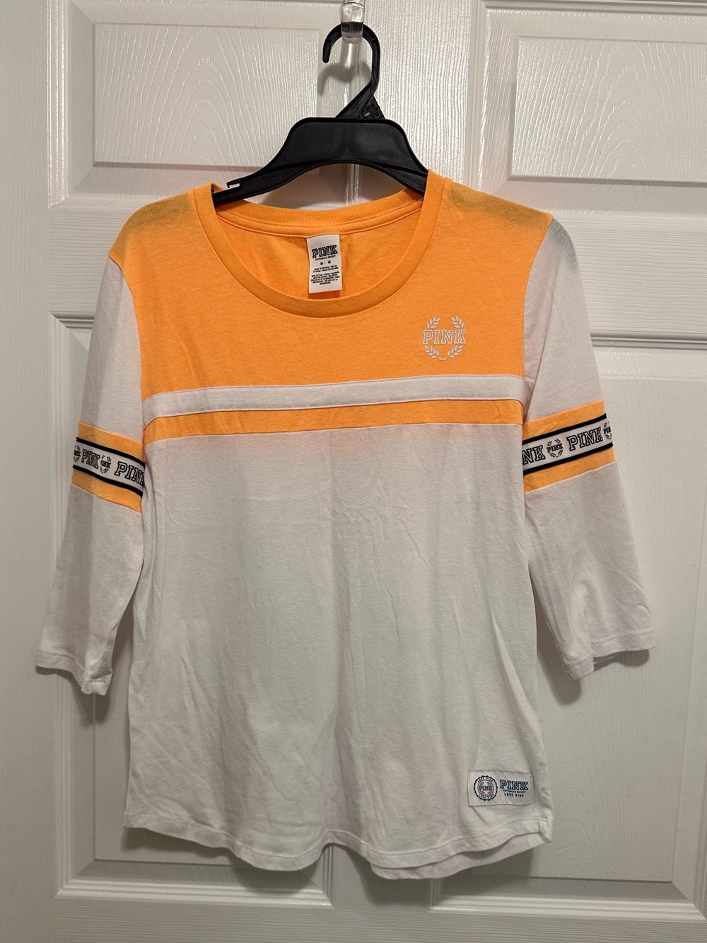 PINK Victoria's Secret Varsity T-Shirt Womens M Orange White 3/4 Sleeve Campus
